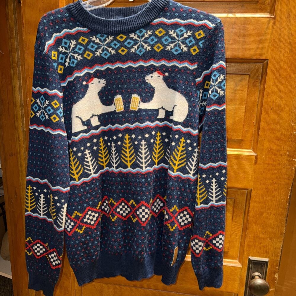 TIPSY ELVES Festive Ugly Merry Christmas Party Tree Polar Bear Beer Sweater Sz L